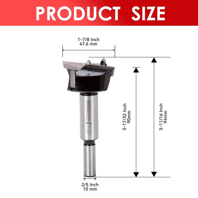 Mollom 1-7/8" (47.6mm) Forstner Drill Bit for Precise Woodworking with Durable YG8 Carbide Thickness of 2.0mm,This Hinge Cutter Tool is Ideal for Hard Wood, Plastic, Plywood - Image 2